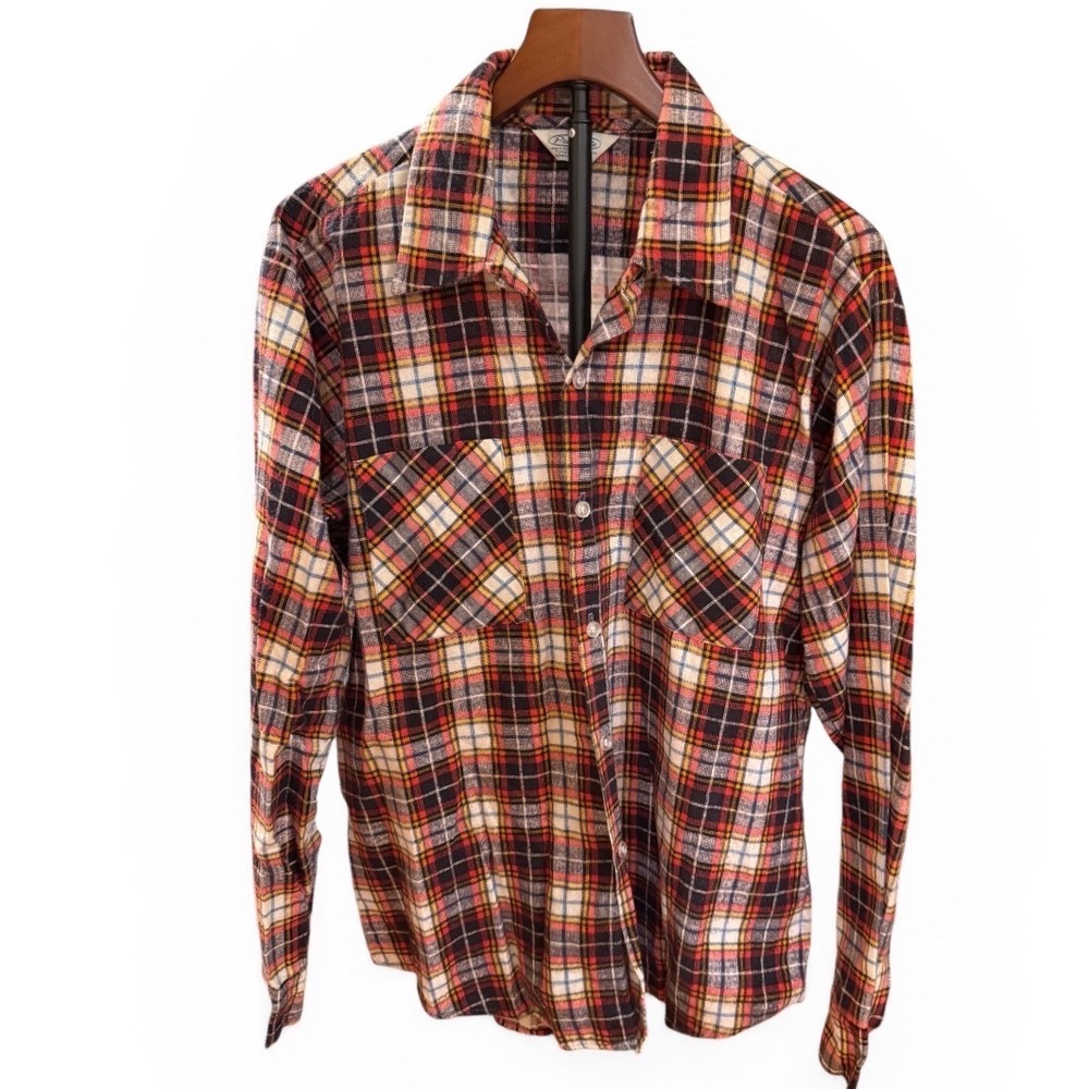 Vtg 70s Prest-Rite Plaid Flannel Shirt Mens Red Black Yellow Check Button Down L